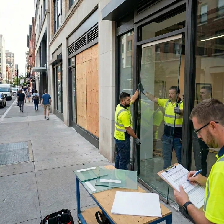 Détail de vitrine commerciale sécurisée